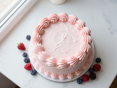 Overhead flat-lay of a finished custom cake with soft pink buttercream piping, surrounded by fresh berries on a white marble counter.
