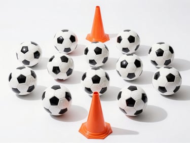 Organized array of premium soccer balls, cones, and training gear on a bright field, crisp daylight