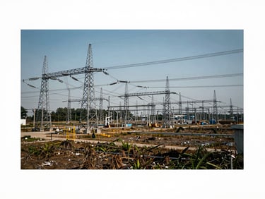 Technical blueprint overlaying a wide industrial land parcel close to high-voltage power lines and infrastructure networks.