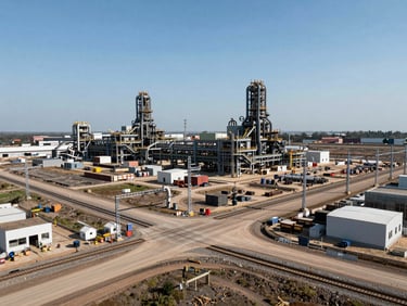 Wide panoramic view of a massive industrial development site under a clear sky, showing adjacent railway access and utility connections.