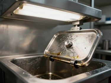 Close-up of a stainless steel grease trap lid being opened in a commercial kitchen back area, fluorescent work light from above, visible grease residue, industrial drain below