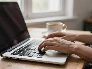 A close-up of hands typing on a laptop in a bright home office, natural window light, a coffee cup with golden rim nearby.