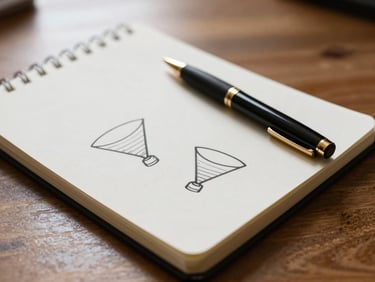 Close-up of a minimalist notebook with hand-drawn funnel diagrams and a sleek pen on a wooden desk, warm ambient light, 35mm.