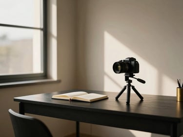Minimalist home office setup with window light casting soft shadows, camera on a tripod pointing at a desk with a notebook, warm editorial style