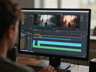 Over-the-shoulder view of a high-end video editing software timeline on a large monitor, soft warm keyboard glow, shallow depth of field.