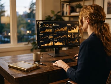 Over-the-shoulder shot of a founder reviewing high-contrast analytics on a monitor, warm natural window light, elegant brass notebook on the desk, 35mm