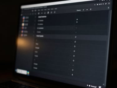 A close-up of a high-end dark-mode software interface glowing on a premium display, subtle gold light leaks, low-key chiaroscuro lighting