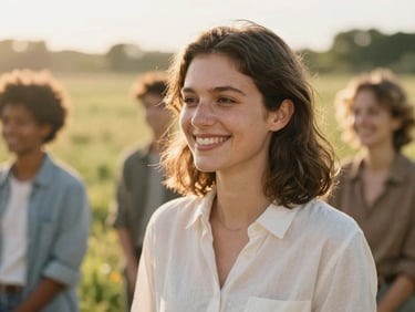 Candid medium shot of a woman smiling peacefully in a sunlit field, warm natural backlighting, soft focus, 35mm lens