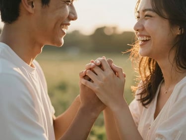 Candid close-up of a diverse couple holding hands and laughing in warm golden-hour sunlight, soft focus, 35mm lens