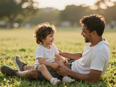 Candid shot of a father and young child playing on a lawn, sun-drenched golden hour, joyful authentic emotions