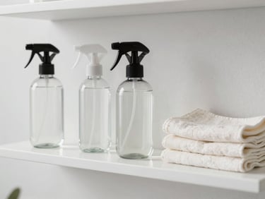 Clean bathroom shelf with minimalist glass spray bottles and organic cotton cloths