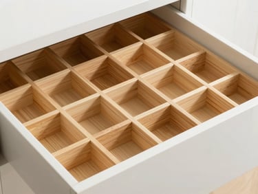 Neatly organized drawer with modular wooden dividers holding everyday items, bright natural daylight