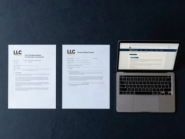 Overhead flat-lay on a clean dark navy surface: LLC formation papers, an EIN confirmation letter, and a laptop showing Amazon Seller Central account status — all arranged in sequence left to right, cool north-facing studio light, no people visible, minimal and precise composition