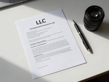 Overhead flat-lay of a printed LLC formation document on a white desk, a pen resting beside it, cool studio light, crisp shadows