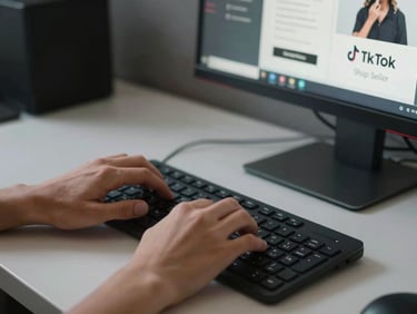Close-up of hands typing on a keyboard with a TikTok Shop seller onboarding screen visible on the monitor, cool studio daylight, minimal desk