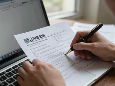 Close-up of hands completing an IRS EIN application form on a laptop keyboard, cool north-facing window light, documents visible beside the screen