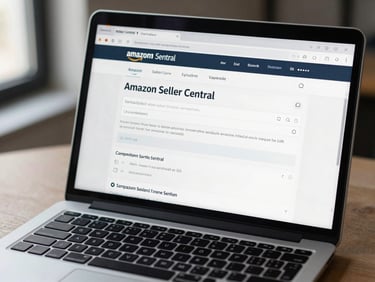 Laptop screen showing an Amazon Seller Central dashboard confirmation page, close-up angle, cool daylight from left, clean desk surface