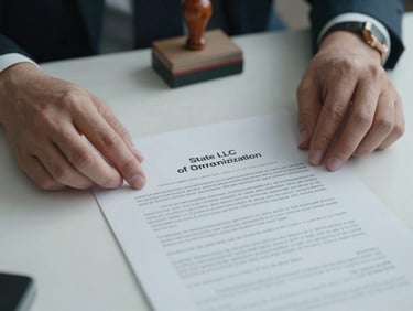 Close-up of hands placing a state LLC Articles of Organization document on a clean desk surface, cool neutral studio light, official stamp visible at top corner, minimal props