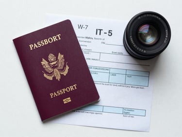 Overhead flat-lay of a foreign passport alongside a printed ITIN application W-7 form on a clean white surface, cool studio light
