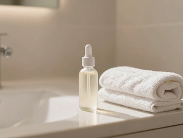 Warm editorial photography of a minimalist aesthetic bathroom with a glass bottle of serum and a soft white towel, warm diffused sunlight, shallow depth of field, 35mm