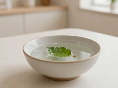 Warm editorial photography of a beautiful ceramic bowl with clean water and a single green leaf floating, peaceful minimalist background, soft daylight, shallow depth of field, 35mm