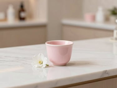 Warm editorial photography of a tiny pastel pink ceramic cup next to a delicate white flower on a clean marble surface, soft natural daylight, shallow depth of field, 35mm