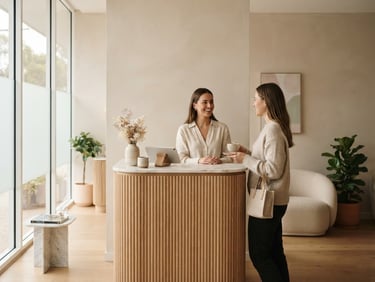 Warm editorial photography of a minimalist boutique dental clinic reception, soft natural daylight, pastel tones, elegant design with light wood and marble details, shallow depth of field, 35mm