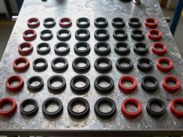 Overhead flat-lay of finished rubber oil seals arranged in rows on a steel inspection table, natural daylight from factory skylights, charcoal and dark metal surface, red and black seal colors, tolerance markings visible on parts, no hands in frame