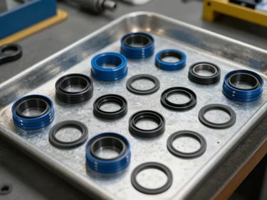 Close-up of a hydraulic cylinder piston seal kit laid out on a metal tray, blue and black PU seals and wiper rings arranged in order, workshop daylight from the left