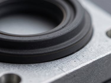 Extreme close-up macro of a rubber oil seal lip profile on a grey metal surface, sharp depth of field showing seal edge geometry and NBR compound texture, studio strobe lighting from above, no hands
