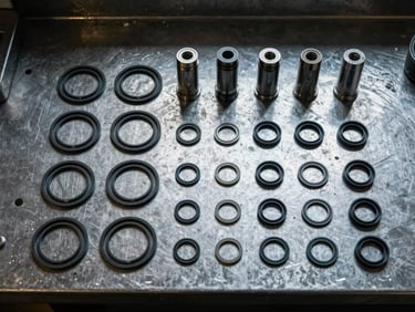 Overhead flat-lay of hydraulic seal repair kit components laid out on a dark metal workshop bench—wiper seals, piston seals, O-rings, back-up rings arranged in rows, cool daylight, no hands