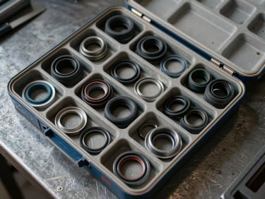 Overhead shot of an open repair kit box showing sorted rubber seals, O-rings, and wiper rings in labeled compartments on a dark metal workshop surface, hard daylight from the side