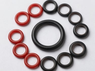 Overhead flat-lay of assorted O-rings in red and black rubber arranged in concentric circles on a white studio surface, macro detail showing cross-section texture, hard studio light