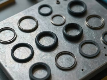 Close-up overhead shot of assorted O-rings and flat gaskets arranged on a steel inspection surface, multiple diameters visible, EPDM and NBR black rubber textures, natural workshop daylight, no hands