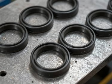 Extreme close-up overhead of a row of black NBR oil seals on a gray steel workbench, tolerance marks visible on the lip, workshop daylight, no gloss