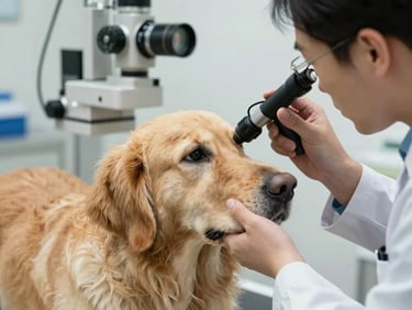 Close medium shot of a veterinarian using an indirect ophthalmoscope on a calm golden retriever on an examination table, bright clinical daylight, equipment clearly visible, no shadows across the eye