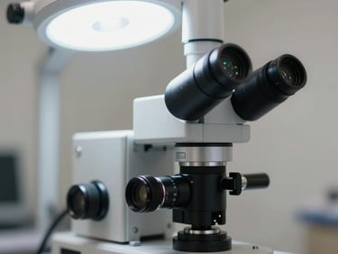 Close-up of a veterinary slit-lamp biomicroscope on a clean clinical surface, bright overhead lighting, precise instrument detail visible, no animals or people in frame