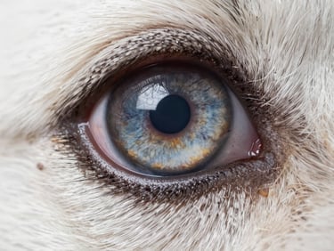 Macro close-up of a dog's eye showing a cloudy lens consistent with early cataract formation, bright clinical studio lighting, sharp iris detail surrounding the opacified lens, no shadows on the eye surface