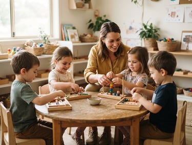 Warm editorial photography, bright natural daylight, an educator sitting at eye level with young children around a low wooden table, focusing on active engagement with tactile materials.