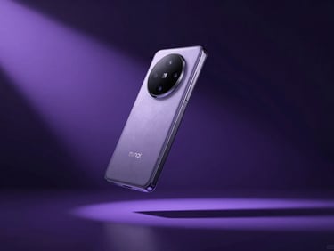 Stylized 3D CGI render of a sleek consumer technology device floating in a dark room with dramatic purple light shafts.