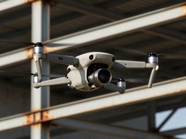 Close-up of a drone hovering at low altitude over an industrial steel structure, camera pod facing downward, harsh sunlight casting the frame in high contrast, corroded metal visible below