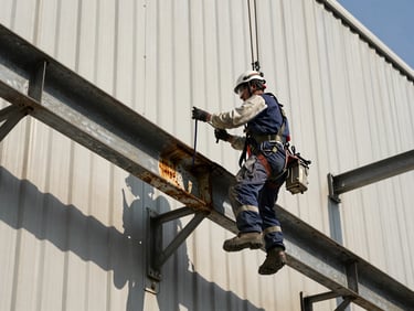 Worker in full PPE harness at height inspecting corroded metal structural beam on industrial building exterior, harsh midday sun casting deep shadows