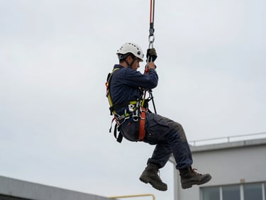 Worker in full harness and helmet secured to lifeline anchor system on industrial rooftop, overcast daylight, safety equipment clearly visible