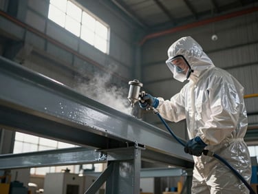 Worker in full PPE applying industrial anti-corrosion coating to a structural steel beam inside a large industrial facility, spray equipment in hand, strong directional light from a high window illuminating the metallic surface and paint mist