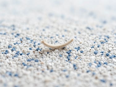 Close-up of a dirty, stained carpet fiber with visible dust particles and flattened texture, flat lighting.