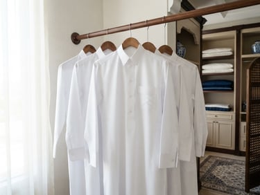 Bright clean daylight photography of perfectly pressed white thobes hanging on minimalist wooden hangers, soft shadows, crisp textures, premium Saudi home environment