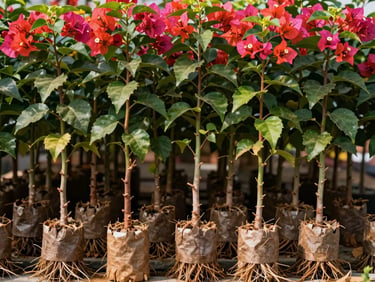 Vibrant bare-root Bougainvillea plants prepared for export, showing clean stems and root systems wrapped in protective material.