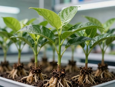 A close-up of healthy tropical fruit saplings with vibrant green leaves and clean, soil-washed root systems, in a bright agricultural laboratory.