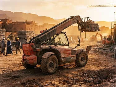 Rugged Manitou telehandler standing in a dusty Moroccan construction yard at sunrise, high contrast, warm tones, 35mm photography.