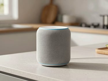 Smart home gadgets, an elegant smart speaker on a clean kitchen counter, soft morning light